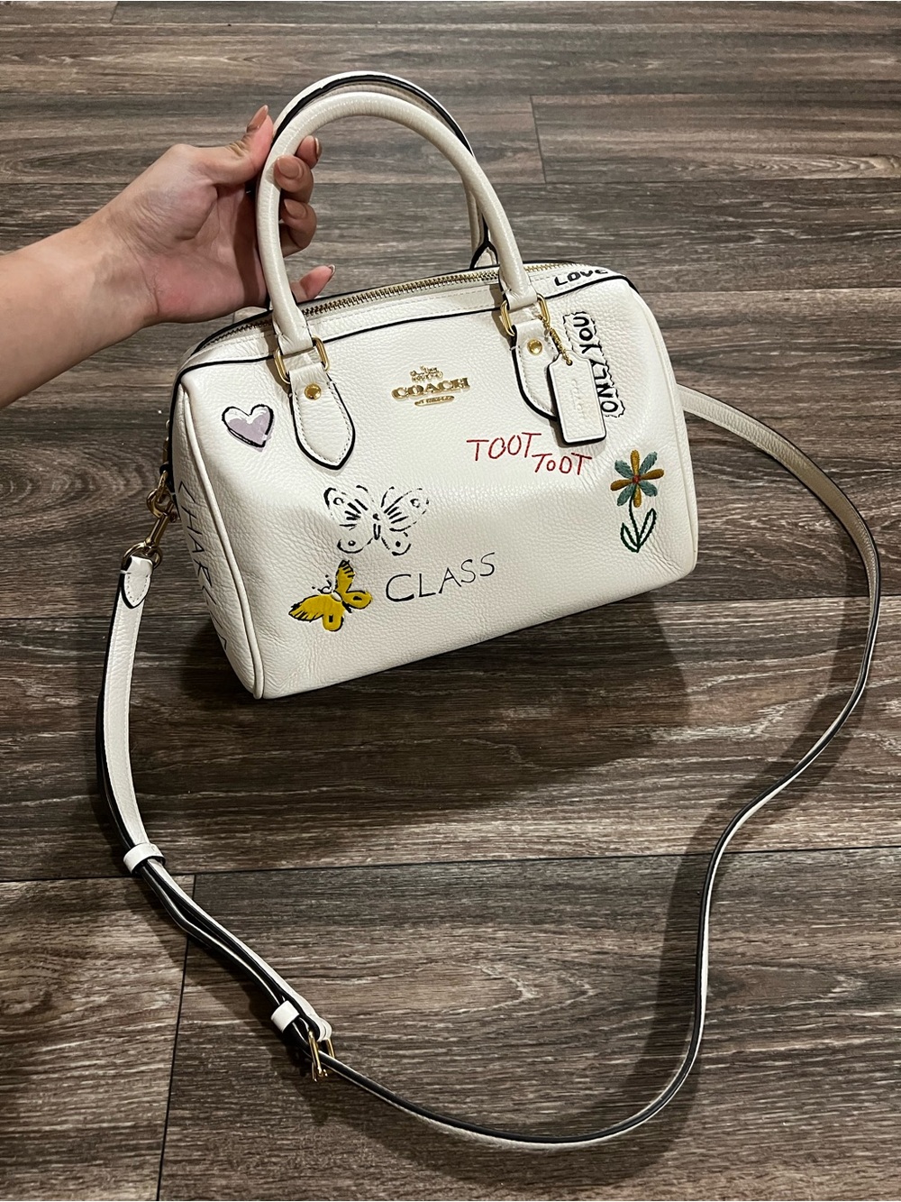 Coach Rowan Satchel Bag Chalk White Sketch Doodle Print with Crossbody